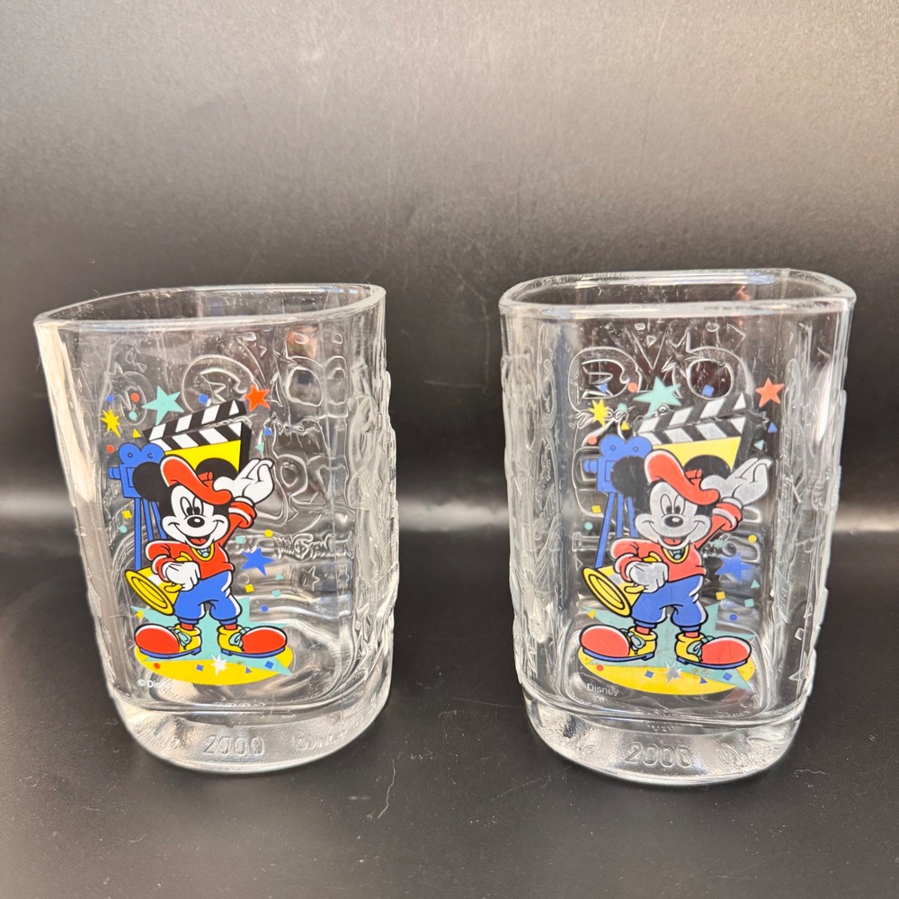 McDonalds Disney World 16oz Glass Set Clear Square 2000 Mickey Millennium